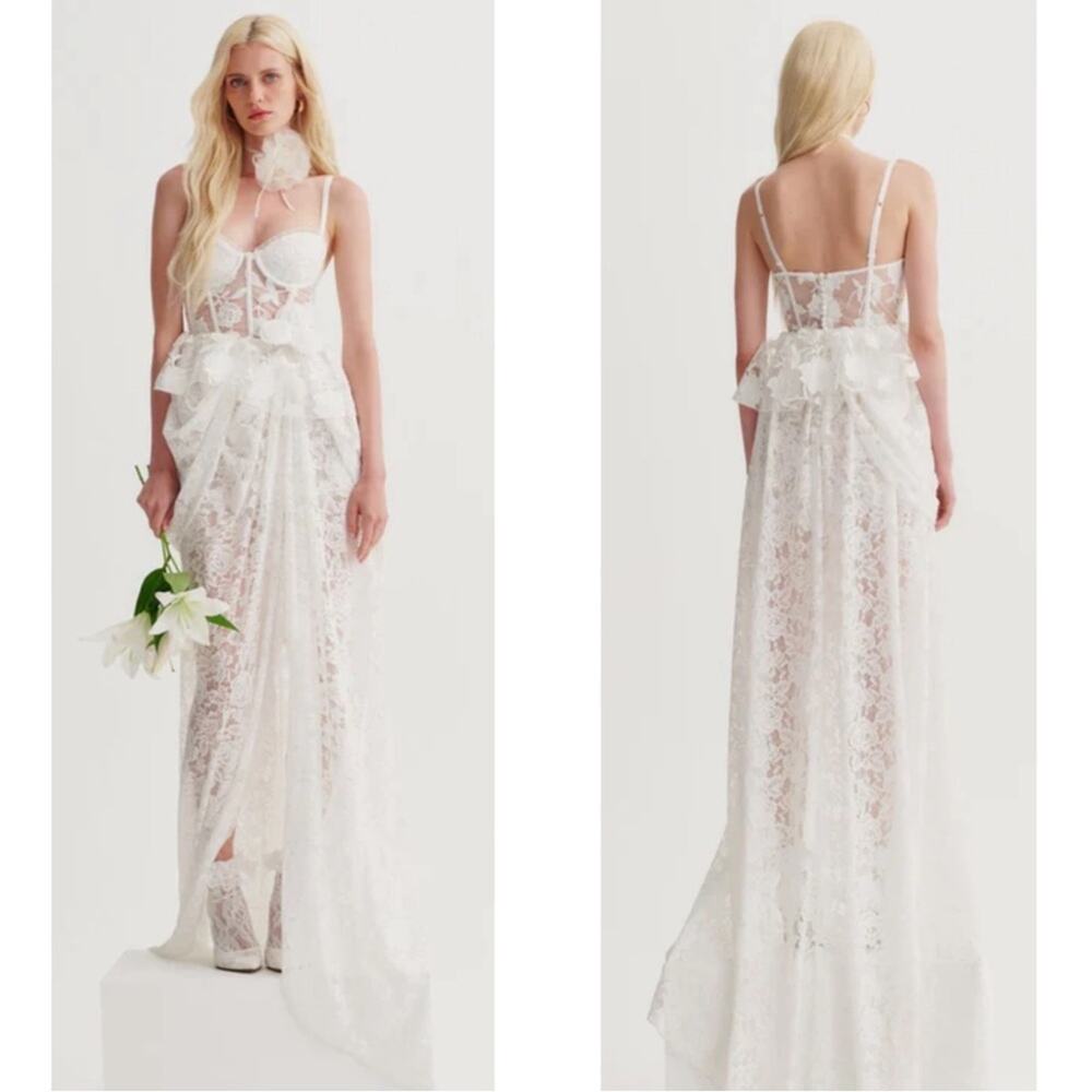 FOR LOVE & LEMONS Alora Floral Lace Bustier Ruched Draped White Maxi Gown Sz L